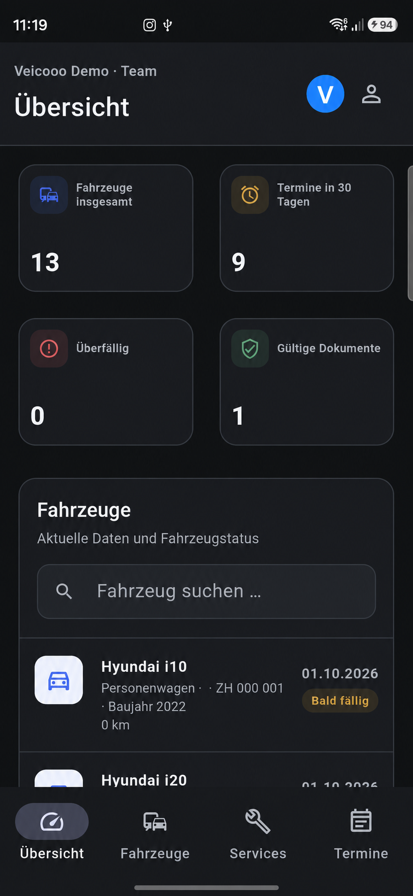 Veicooo zeigt eine übersichtliche Fahrzeug- und Flottenverwaltung